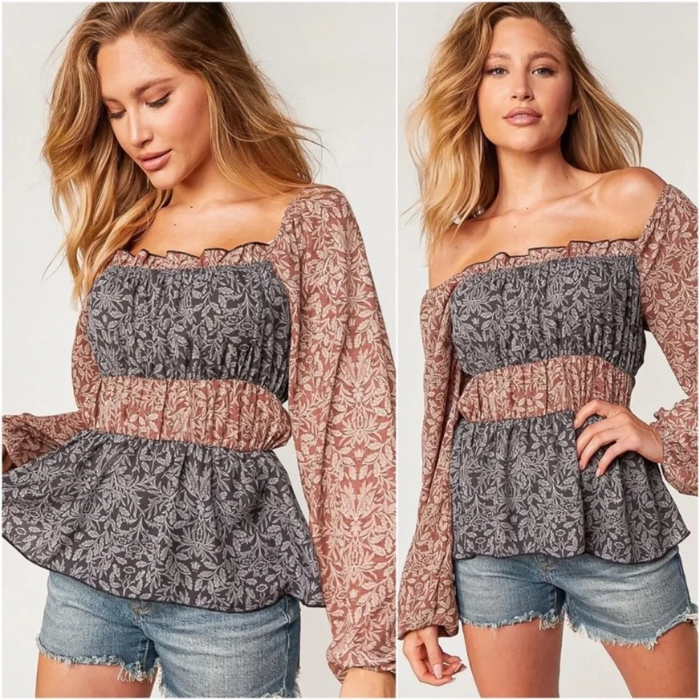 New Women’s Charcoal And Rust Floral Long Sleeve Spring Blouse Top - Picture 4 of 4